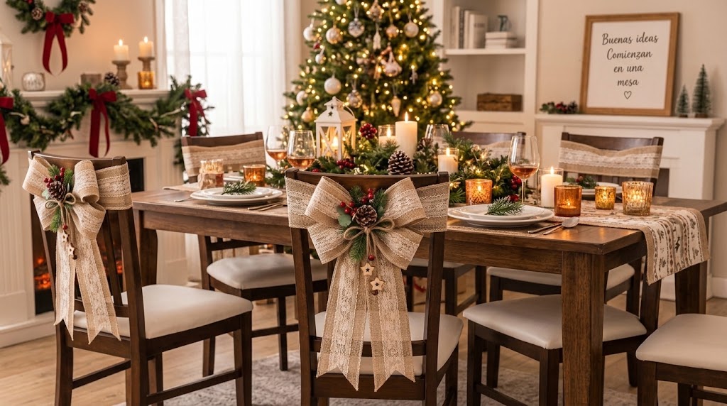Lazo navideño de yute y encaje con piña, ramas de pino y estrellas decorando el respaldo de una silla