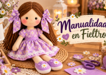 Muñeca de tela artesanal con vestido lila de margaritas, cabello marrón y lazos.