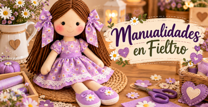 Cómo hacer una muñeca de tela con vestido de margaritas Muñeca de tela artesanal con vestido lila de margaritas, cabello marrón y lazos.