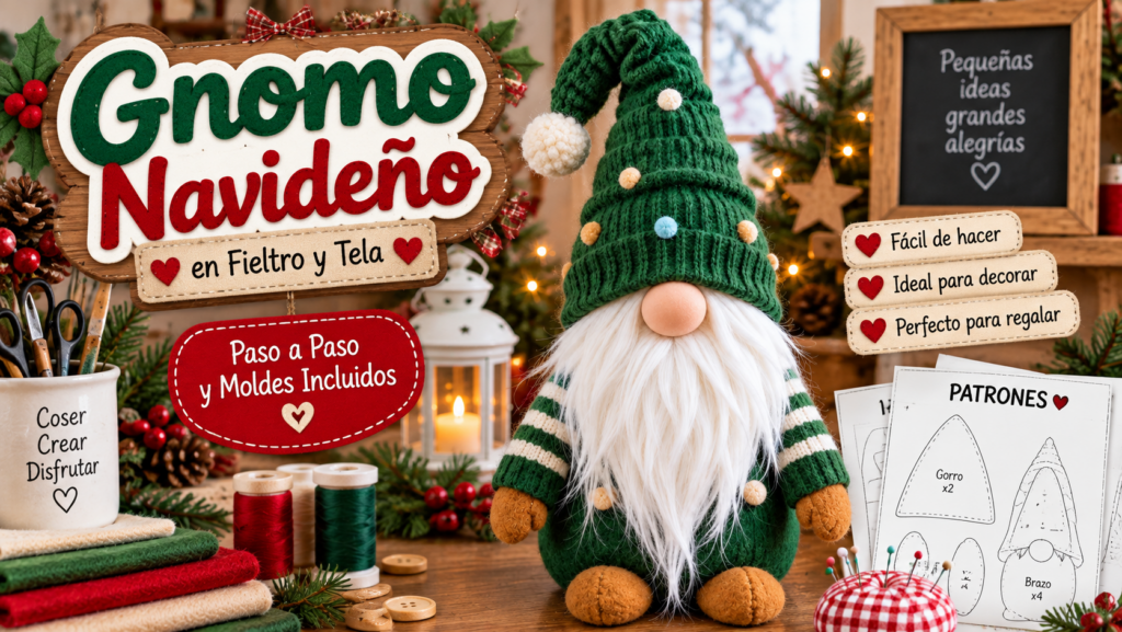 Gnomo navideño de tela verde con barba blanca larga, gorro tejido y zapatos marrones hecho a mano