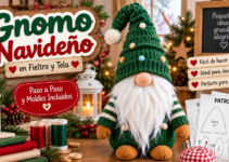 Gnomo navideño de tela verde con barba blanca larga, gorro tejido y zapatos marrones hecho a mano