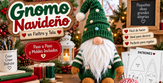 Cómo hacer un gnomo navideño de tela con barba y gorro paso a paso Gnomo navideño de tela verde con barba blanca larga, gorro tejido y zapatos marrones hecho a mano