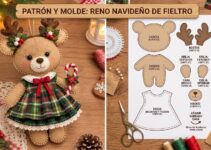 Renita navideña de fieltro con vestido de cuadros verdes y rojos hecha a mano