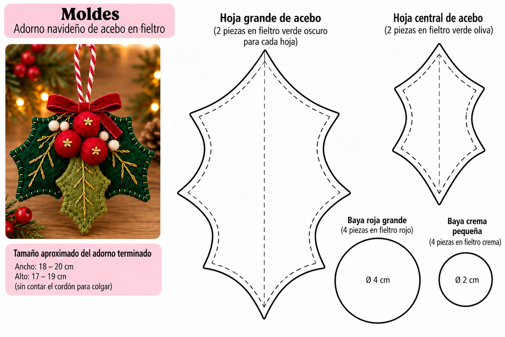 Adorno navideño artesanal de acebo en fieltro verde con bayas rojas, bordado dorado y lazo de terciopelo.