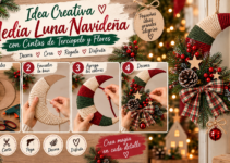 Luna navideña artesanal envuelta en cordón rojo verde y crema decorada con ramas de pino, piñas, frutos rojos y lazo.