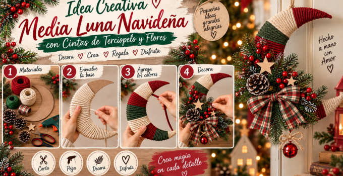 Cómo hacer una luna navideña decorativa con cordón paso a paso Luna navideña artesanal envuelta en cordón rojo verde y crema decorada con ramas de pino, piñas, frutos rojos y lazo.