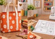 Bolso tote de tela naranja estampada con flores, asas largas y base reforzada