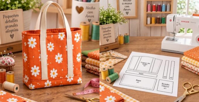 Cómo hacer un bolso tote de tela con base reforzada y asas largas paso a paso Bolso tote de tela naranja estampada con flores, asas largas y base reforzada