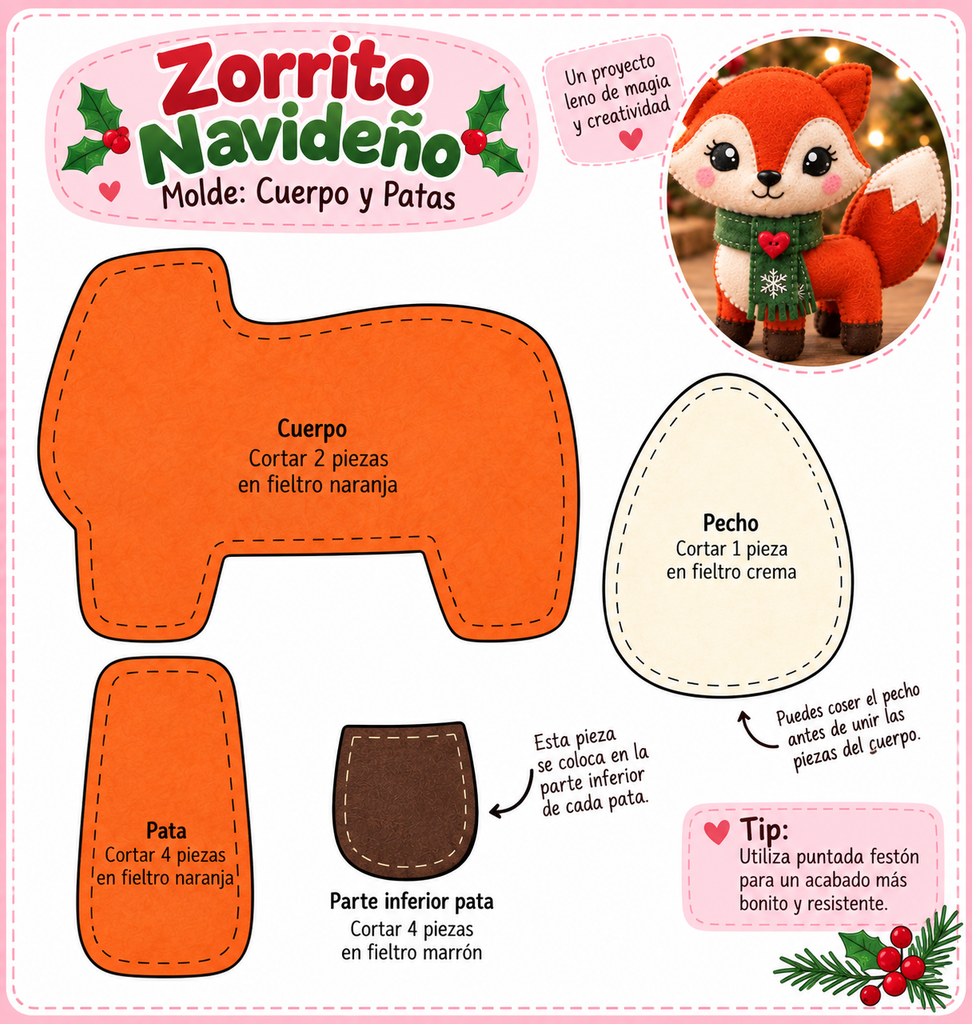 Zorrito navideño de fieltro hecho a mano con gorro rojo y bufanda verde