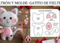 Gatito de fieltro blanco y rosa cosido a mano con corazones decorativos