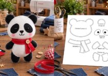 Panda navideño de fieltro blanco y negro con bufanda roja y cinta para colgar