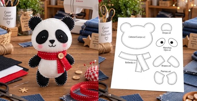 Cómo hacer un panda navideño de fieltro con bufanda paso a paso Panda navideño de fieltro blanco y negro con bufanda roja y cinta para colgar