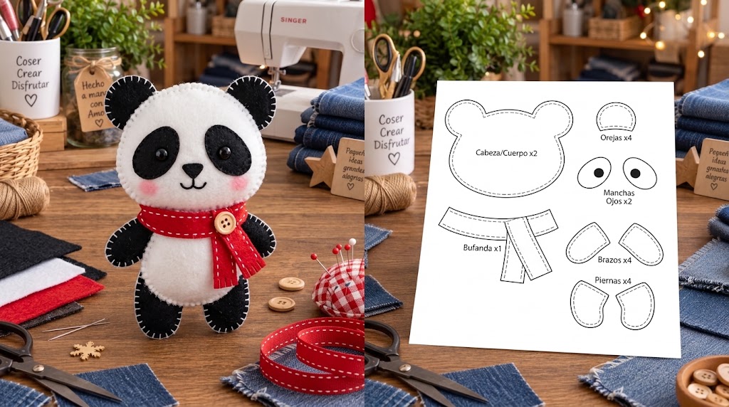 Panda navideño de fieltro blanco y negro con bufanda roja y cinta para colgar