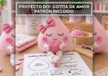 Muñeco gotita de tela rosa con corazón, lazo y piernas florales hecho a mano