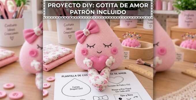 Cómo hacer un muñeco gotita de tela con corazón y lazo paso a paso Muñeco gotita de tela rosa con corazón, lazo y piernas florales hecho a mano