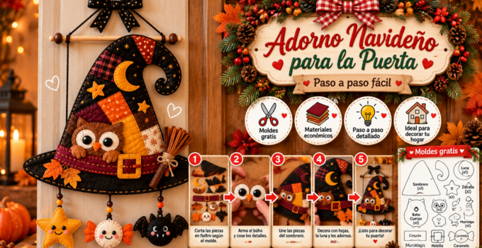Sombrero de bruja decorativo de fieltro con búho, luna y colgantes 🎃🦉🌙 233fd3f2-61e8-4990-92fa-1a8d32b84cf0