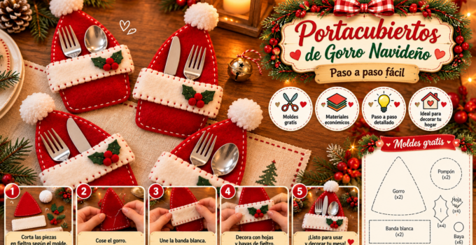 Porta cubiertos navideño de fieltro estilo gorro de Santa Porta cubiertos navideños de fieltro con forma de gorro de Santa y decoración de acebo