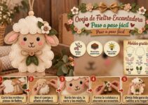 Ovejita de fieltro crema y beige para colgar decorada con flores, hojas verdes y lazo rústico.