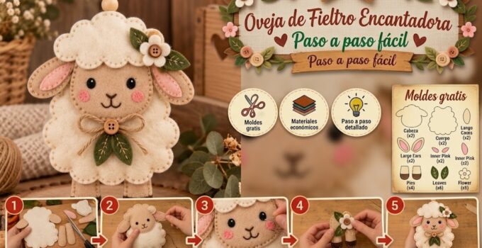 Cómo hacer una ovejita de fieltro para colgar 🐑 Ovejita de fieltro crema y beige para colgar decorada con flores, hojas verdes y lazo rústico.
