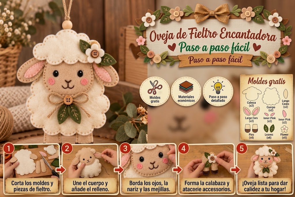 Ovejita de fieltro crema y beige para colgar decorada con flores, hojas verdes y lazo rústico.