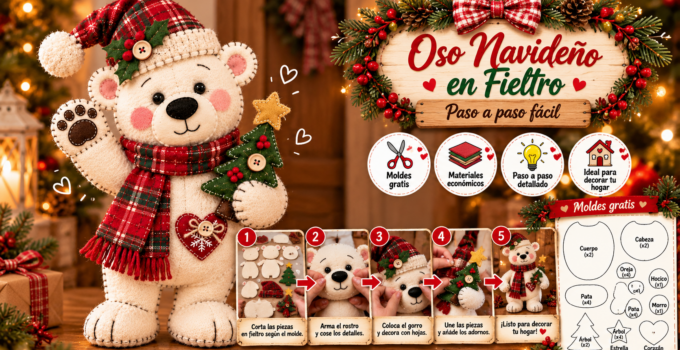 Oso navideño de tela con gorro, bufanda y arbolito 🎄🐻 Oso navideño de tela con gorro escocés, bufanda roja y arbolito decorativo