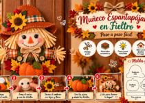 Espantapájaros otoñal de fieltro para puerta decorado con calabaza, girasol, hojas y rafia.
