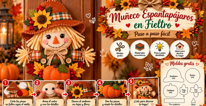 Cómo hacer un espantapájaros otoñal de fieltro para decorar la puerta Espantapájaros otoñal de fieltro para puerta decorado con calabaza, girasol, hojas y rafia.