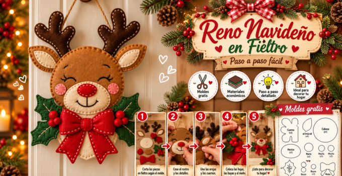 Reno navideño de fieltro para puerta con lazo y hojas de acebo 🎄🦌 Reno navideño de fieltro para puerta con lazo rojo y hojas de acebo
