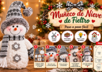 Muñeco de nieve navideño de tela blanca con gorro gris, bufanda y manoplas