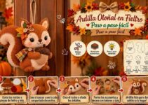 Ardillita otoñal de fieltro abrazando una bellota con bufanda de cuadros y hojas decorativas.