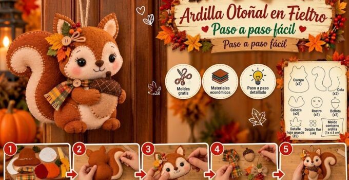 Cómo hacer una ardillita de fieltro otoñal con bellota Ardillita otoñal de fieltro abrazando una bellota con bufanda de cuadros y hojas decorativas.