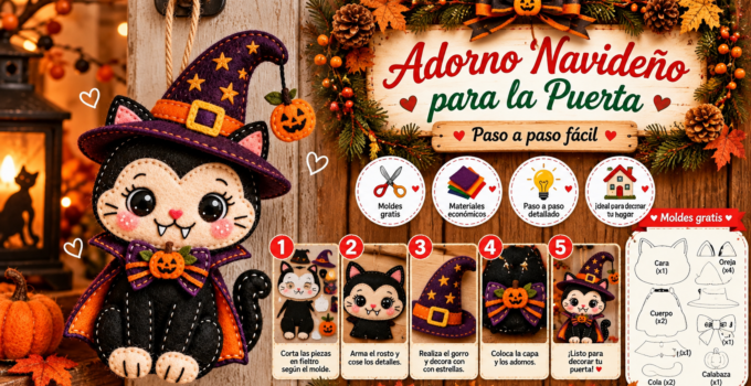 Gatito de Halloween en fieltro con sombrero de bruja: tutorial paso a paso y moldes dc78e596-ec04-446a-9fde-8a63120fec3b