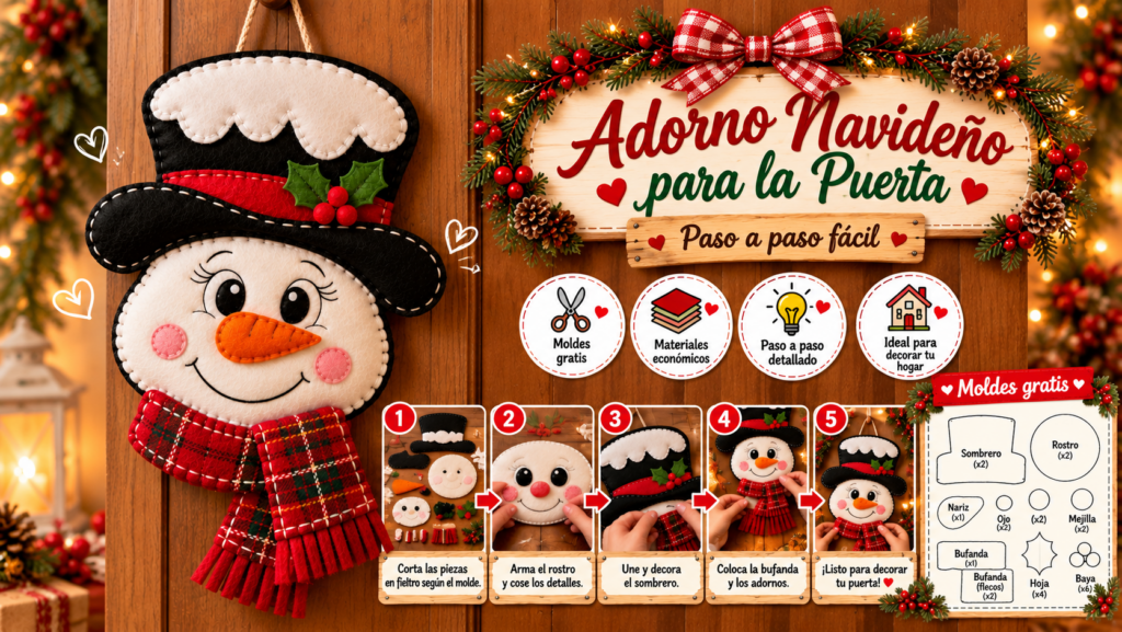 Muñeco de nieve navideño de fieltro con sombrero negro y bufanda escocesa para puerta