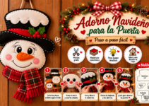 Muñeco de nieve navideño de fieltro con sombrero negro y bufanda escocesa para puerta