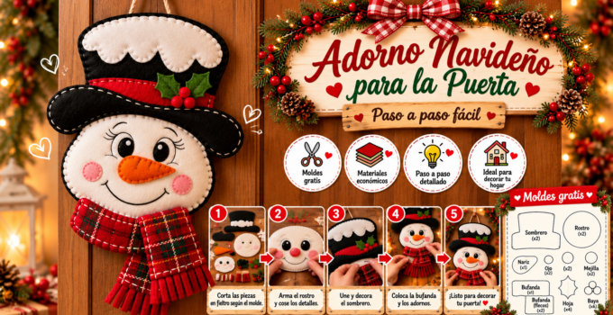 Muñeco de nieve navideño de fieltro para puerta con sombrero y bufanda ☃️🎄 Muñeco de nieve navideño de fieltro con sombrero negro y bufanda escocesa para puerta